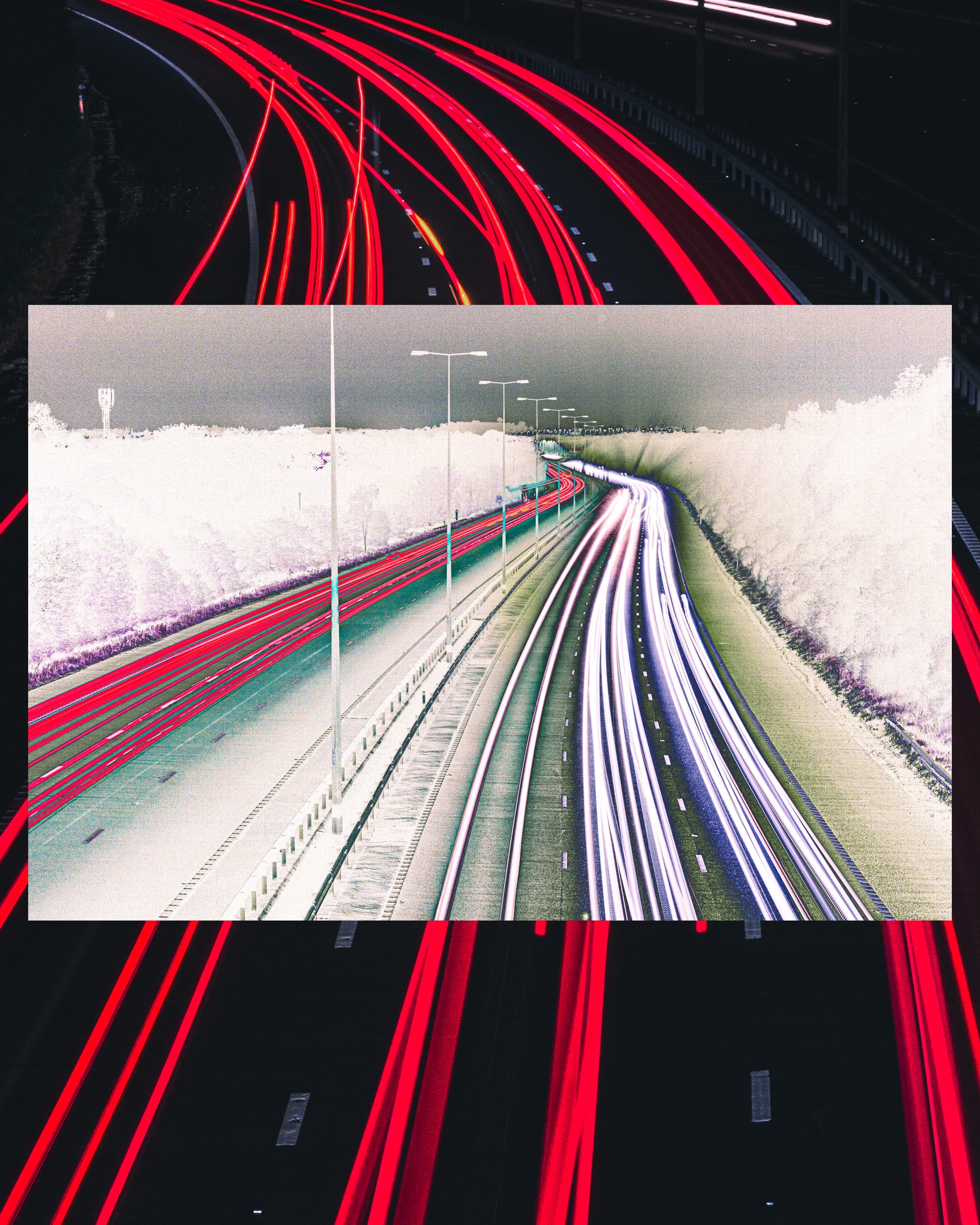 Composite long exposure photograph of car lights on the motorway but with inverted exposure.